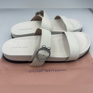 Stuart Weitzman Joni Leather White Sandal/SlipOnSilver Buckle SZ 41.5EU 11US NEW